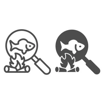 Cooking fish on bonfire line and solid icon, picnic concept, fried fish sign on Stock Illustration