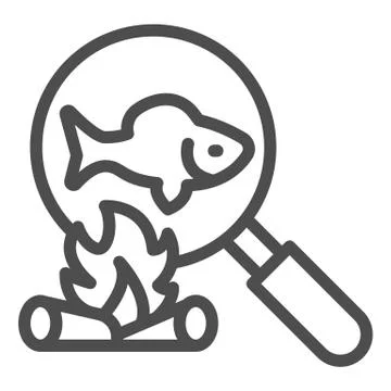 Cooking fish on bonfire line icon, picnic concept, fried fish sign on white Stock Illustration