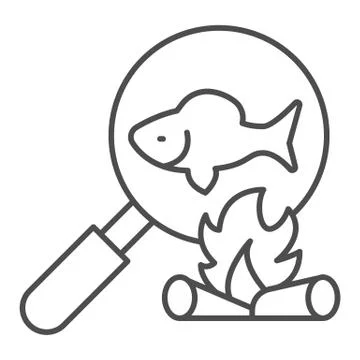 Cooking fish on bonfire thin line icon, picnic concept, fried fish sign on white Stock Illustration