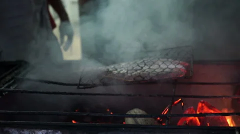 Cooking fish on the fire. Stock Footage 68728352
