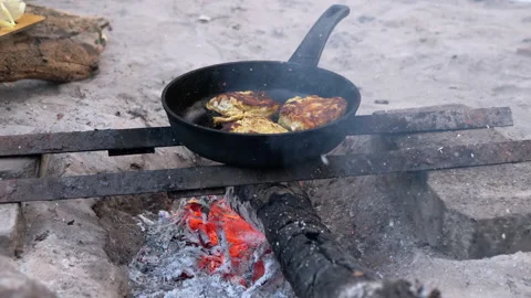 Cooking fish over a campfire Video stock 293270718