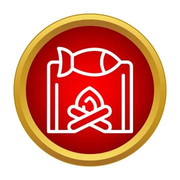 Cooking fish over campfire line icon button Ilustração Stock