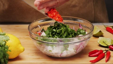 Cooking fish Peruvian ceviche close-up. Fresh cooked ceviche made of raw white Video stock 289658771