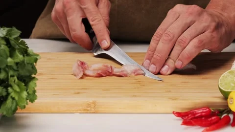 Cooking fish Peruvian ceviche close-up. Fresh cooked ceviche made of raw white Stock Footage 289658957