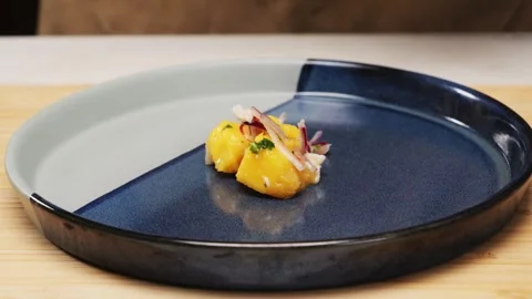 Cooking fish Peruvian ceviche close-up. Fresh cooked ceviche made of raw white Stock Footage 289659074