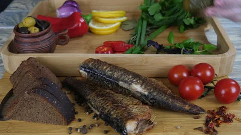 Cooking fish. Serving a dish Stock Footage 169129911