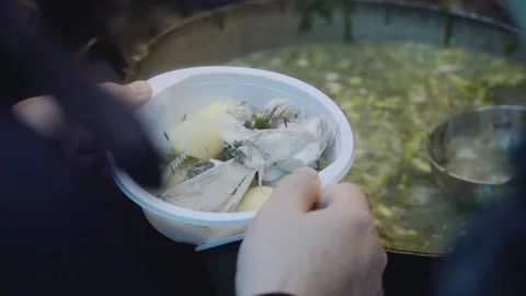 Cooking fish soup on a campfire Stock Footage 120495066