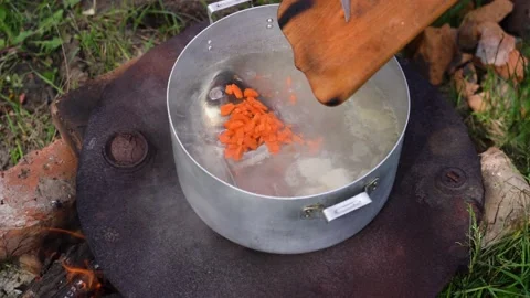 Cooking fish soup over an open fire, camping Stock Footage 193448122