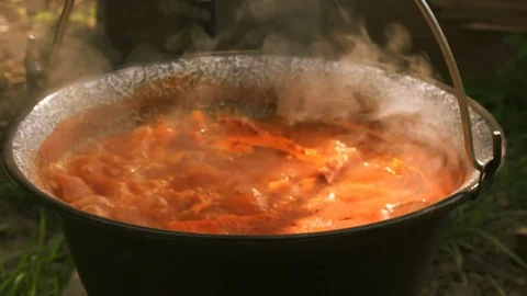 Cooking fish stew in a pot outdoors Stock Footage