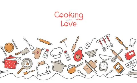 Cooking flat horizontal seamless pattern. Kitchen utensil and appliance cartoon Stock Illustration