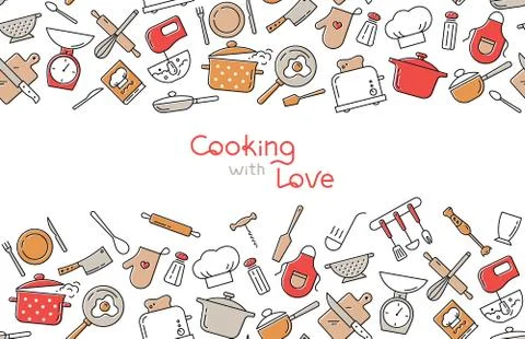 Cooking flat horizontal seamless pattern with lettering or place for text. Stock Illustration
