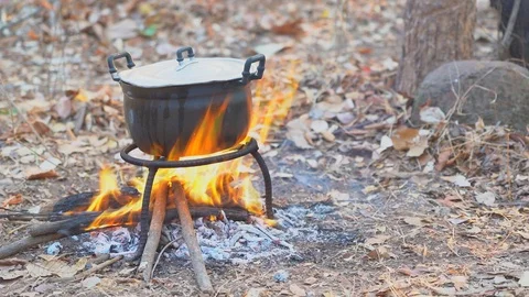 Cooking in forest camping on hills Stock Footage 102640972
