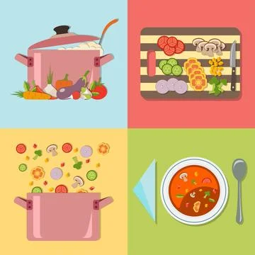 Cooking. Four stages of preparing vegetable soup Stock Illustration