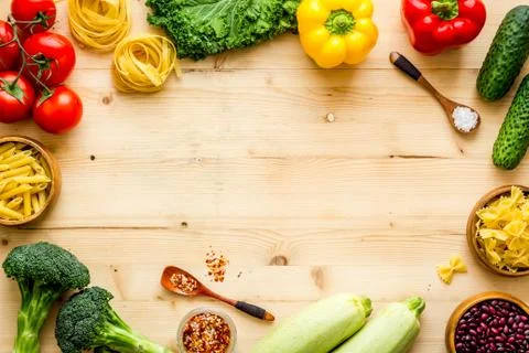 Cooking frame background with vegetables - flat lay from above Stock Photos