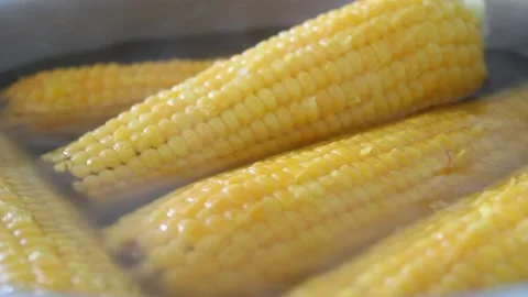 Cooking fresh corn close up of corn boiled in water, vegetable cooking Stock Footage 162448781