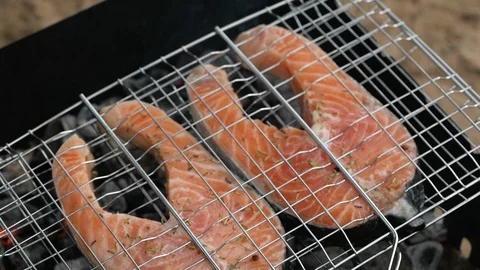 Cooking Fresh Salmon On Bbq Video stock 114163930