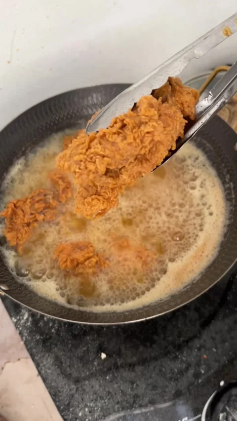 Cooking Fried Batter Submerge Batter in Pan Safely Stock Footage 340011731
