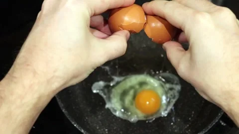Cooking fried eggs for breakfast in to pan Stock Footage 266989690