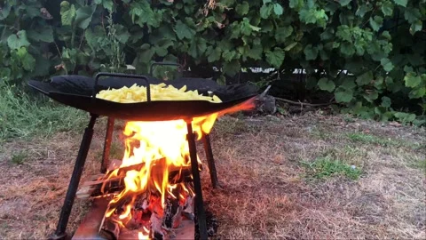 Cooking fried potatoes at the stake. Stock Footage 115797563