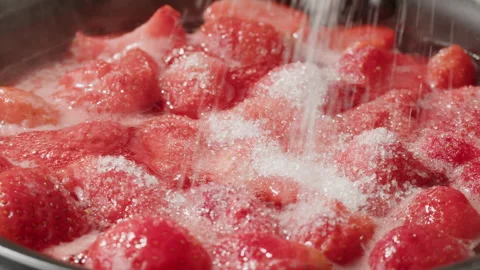 Cooking fruits Jam, Process of making homemade strawberry jam. Red sweet syrup Stock Footage 241751911
