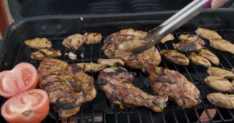 Cooking with grill at backyard barbeque Stock Footage 131424424