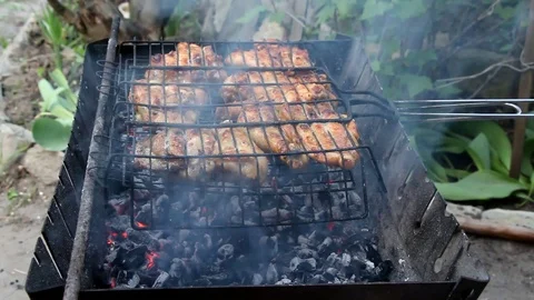 Cooking grilled chicken meat Stock Footage 100346016