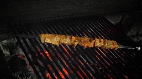 Cooking, grilled meat on open fire Stock Footage 74308679