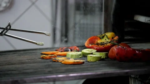 Cooking Grilled Vegetables in the Restaurant Stock Footage 132166298