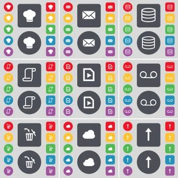 Cooking hat, Message, Database, Scroll, Media file, Cassette, Trash can, Cloud, Stock-Illustration