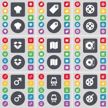 Cooking hat, Tag, Videotape, Dropbox, Map, Gramophone, Mars symbol, Train, Video イラスト素材