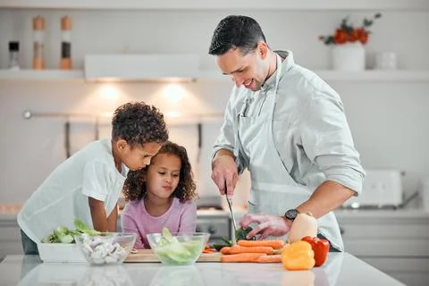 Cooking, help and meal prep with family in kitchen for health, nutrition and Stock Photos