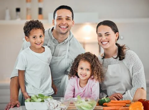 Cooking, help and portrait of family in kitchen for health, nutrition and food Stock Photos
