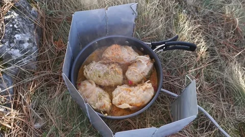 Cooking on a hike. Stock Footage 145662338