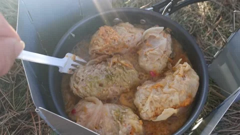 Cooking on a hike. Stock Footage 145662365
