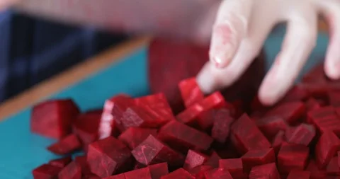 Cooking at home, fresh beetroot chopping, close-up Stock Footage 103860741