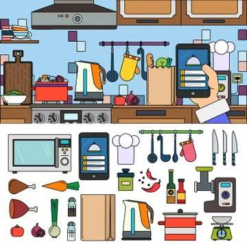 Cooking at home using online app Stock Illustration