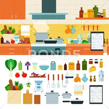 Cooking at home using online recipes app Stock Illustration