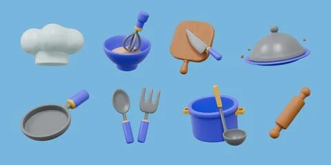 Cooking icons. 3D chef accessory. Kitchen utensil for restaurant. Appliance tool Stock Illustration
