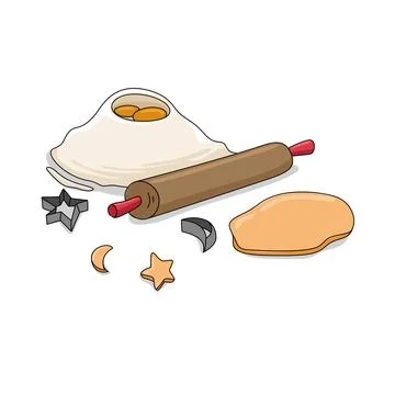 Cooking ingredients and tools for baking. There is flour, egg yolk, a rolling pi Illustration