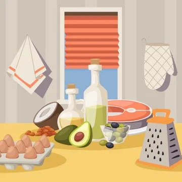 Cooking ingredients on kitchen table, vector illustration. Products for healthy Stock Illustration