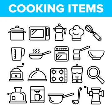 Cooking Items Vector Thin Line Icons Set Stock Illustration