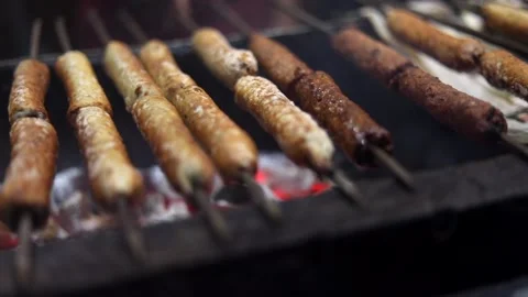 Cooking kabab on grill Stock Footage 131702343