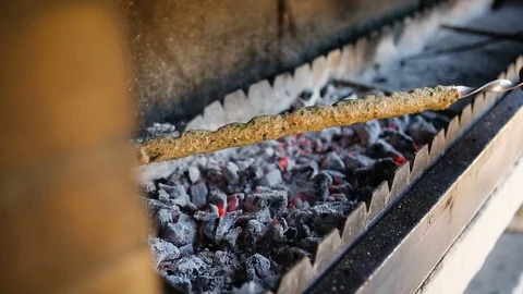 Cooking kebab on the brazier. Stock Footage 87484967