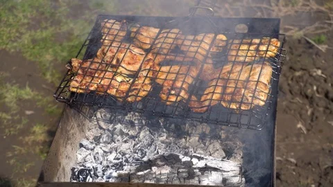 Cooking kebab on an open fire on a summer day Stock Footage 89970800