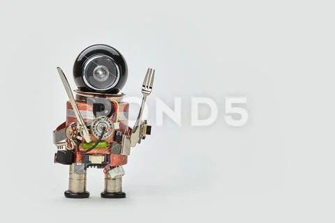 Cooking kitchen chef character with fork and knife in arms. Food menu concept Stock Photos