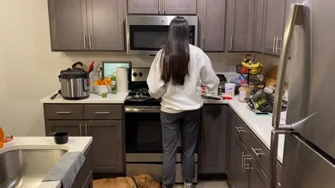 Cooking in the kitchen with a dog Stock Footage 146104143
