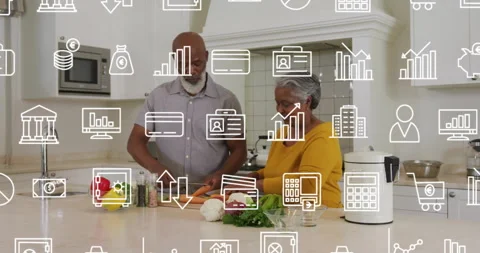 Cooking in kitchen, elderly couple with data analytics and technology icons Stock Footage 303615695
