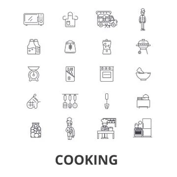 Cooking, kitchen, food, chef, chef class, baking, recipe, utensils line icons 스톡 일러스트