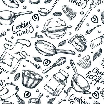 Cooking kitchen utensils seamless pattern. Vector hand drawn sketch illustr.. Illustrazione stock