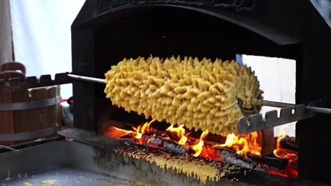 Cooking layered spit cake on open fire Stock Footage 131590773